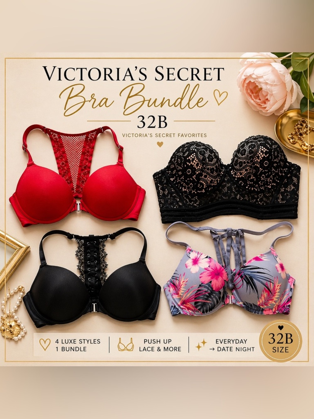 Victoria’s Secret 32B Bra Bundle ✨ Push Up & Lace Essentials Red Black Pink